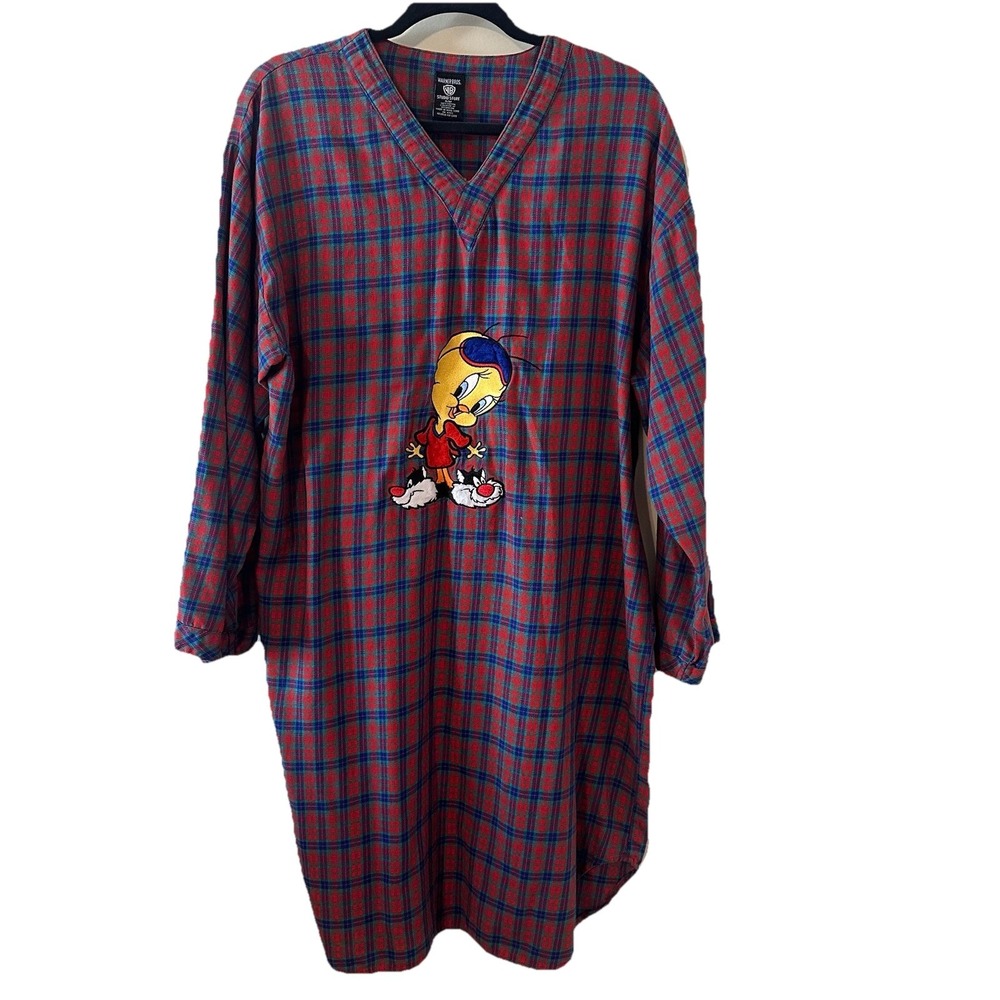 Vtg Warner Bros Looney Tunes Tweety Bird Sylvester Flannel Nightgown Pajama S/M